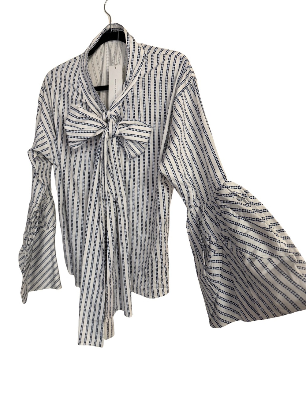 Striped Bow-Tie Bell Sleeve Blouse - White & Navy by TOV Coquette Preppy - Picture 2 of 5